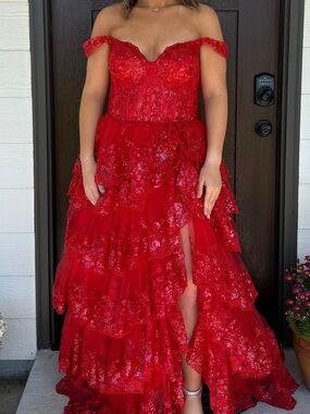 Sherri Hill Red Off-Shoulder Lace Tiered Prom Gown